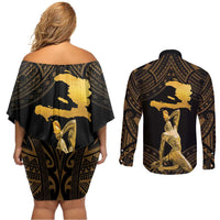 Haitian Negre Marron 1804 Couples Matching Off Shoulder Short Dress and Long Sleeve Button Shirt Gold Polynesian Pattern LT9 - Wonder Print Shop