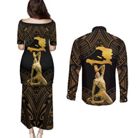 Haitian Negre Marron 1804 Couples Matching Puletasi and Long Sleeve Button Shirt Gold Polynesian Pattern LT9 - Wonder Print Shop