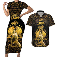 Haitian Negre Marron 1804 Couples Matching Short Sleeve Bodycon Dress and Hawaiian Shirt Gold Polynesian Pattern LT9 - Wonder Print Shop