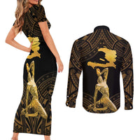Haitian Negre Marron 1804 Couples Matching Short Sleeve Bodycon Dress and Long Sleeve Button Shirt Gold Polynesian Pattern LT9 - Wonder Print Shop