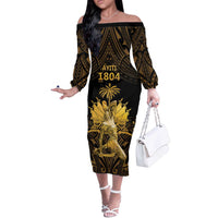 Haitian Negre Marron 1804 Off The Shoulder Long Sleeve Dress Gold Polynesian Pattern - Wonder Print Shop