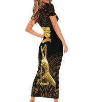 Haitian Negre Marron 1804 Short Sleeve Bodycon Dress Gold Polynesian Pattern - Wonder Print Shop