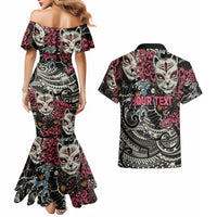 Personalized Japanese Kitsune Mask Couples Matching Mermaid Dress and Hawaiian Shirt With Polynesian Arty Style LT9 - Wonder Print Shop