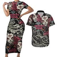 Personalized Japanese Kitsune Mask Couples Matching Short Sleeve Bodycon Dress and Hawaiian Shirt With Polynesian Arty Style LT9 - Wonder Print Shop