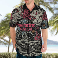 Men's black camp-collar Hawaiian shirt with kitsune mask and Polynesian wave pattern
