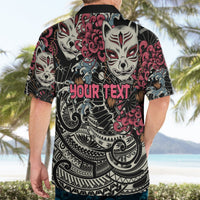 Back view: black Hawaiian shirt with kitsune mask print and 'YOUR TEXT' lettering