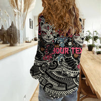 Personalized Japanese Kitsune Mask Women Casual Shirt With Polynesian Arty Style - Wonder Print Shop
