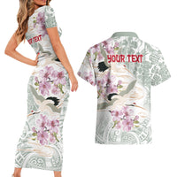 Personalized Japanese Shirasagi Bird Couples Matching Short Sleeve Bodycon Dress and Hawaiian Shirt Sakura and Hibiscus Polynesian Pattern LT9 - Wonder Print Shop