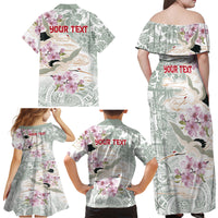 Personalized Japanese Shirasagi Bird Family Matching Off Shoulder Maxi Dress and Hawaiian Shirt Sakura and Hibiscus Polynesian Pattern LT9 - Wonder Print Shop