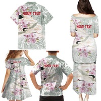 Personalized Japanese Shirasagi Bird Family Matching Puletasi and Hawaiian Shirt Sakura and Hibiscus Polynesian Pattern - Wonder Print Shop