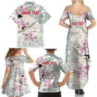 Personalized Japanese Shirasagi Bird Family Matching Summer Maxi Dress and Hawaiian Shirt Sakura and Hibiscus Polynesian Pattern - Wonder Print Shop