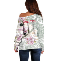 Personalized Japanese Shirasagi Bird Off Shoulder Sweater Sakura and Hibiscus Polynesian Pattern - Wonder Print Shop