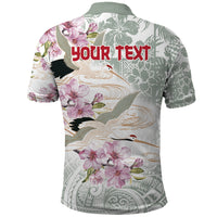 Personalized Japanese Shirasagi Bird Polo Shirt Sakura and Hibiscus Polynesian Pattern - Wonder Print Shop