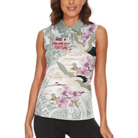 Personalized Japanese Shirasagi Bird Women Sleeveless Polo Shirt Sakura and Hibiscus Polynesian Pattern - Wonder Print Shop