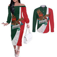 iViva Mexico Eagle Personalized Couples Matching Off The Shoulder Long Sleeve Dress and Long Sleeve Button Shirt Mexican Independence Day Fiesta - Wonder Print Shop