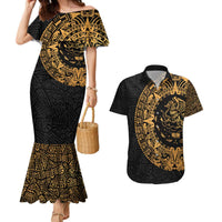 Mexican Aztec Couples Matching Mermaid Dress and Hawaiian Shirt Golden Coat of Arm - Wonder Print Shop
