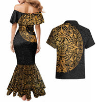 Mexican Aztec Couples Matching Mermaid Dress and Hawaiian Shirt Golden Coat of Arm - Wonder Print Shop
