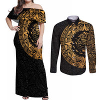 Mexican Aztec Couples Matching Off Shoulder Maxi Dress and Long Sleeve Button Shirt Golden Coat of Arm - Wonder Print Shop