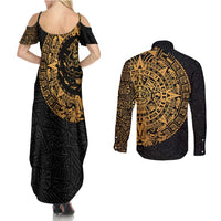 Mexican Aztec Couples Matching Summer Maxi Dress and Long Sleeve Button Shirt Golden Coat of Arm - Wonder Print Shop