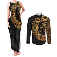 Mexican Aztec Couples Matching Tank Maxi Dress and Long Sleeve Button Shirt Golden Coat of Arm - Wonder Print Shop