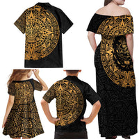 Mexican Aztec Family Matching Off Shoulder Maxi Dress and Hawaiian Shirt Golden Coat of Arm - Wonder Print Shop