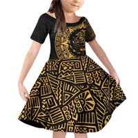 Mexican Aztec Family Matching Off Shoulder Short Dress and Hawaiian Shirt Golden Coat of Arm - Wonder Print Shop