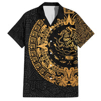 Mexican Aztec Family Matching Off Shoulder Short Dress and Hawaiian Shirt Golden Coat of Arm - Wonder Print Shop
