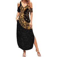 Mexican Aztec Family Matching Summer Maxi Dress and Hawaiian Shirt Golden Coat of Arm - Wonder Print Shop