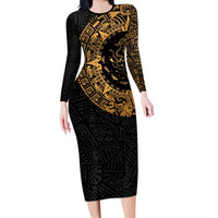 Mexican Aztec Long Sleeve Bodycon Dress Golden Coat of Arm - Wonder Print Shop