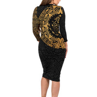 Mexican Aztec Long Sleeve Bodycon Dress Golden Coat of Arm - Wonder Print Shop