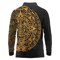 Mexican Aztec Long Sleeve Polo Shirt Golden Coat of Arm - Wonder Print Shop