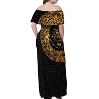 Mexican Aztec Off Shoulder Maxi Dress Golden Coat of Arm - Wonder Print Shop