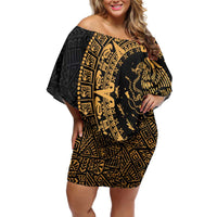 Mexican Aztec Off Shoulder Short Dress Golden Coat of Arm - Wonder Print Shop