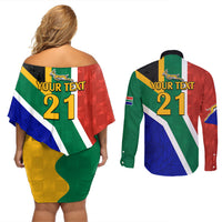 Custom South Africa Springboks Couples Matching Off Shoulder Short Dress and Long Sleeve Button Shirts with Kente Pattern and South African Flag LT9 - Wonder Print Shop