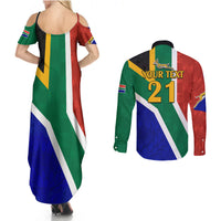 Custom South Africa Springboks Couples Matching Summer Maxi Dress and Long Sleeve Button Shirts with Kente Pattern and South African Flag LT9 - Wonder Print Shop