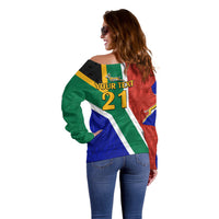 Custom South Africa Springboks Off Shoulder Sweater with Kente Pattern and South African Flag - Wonder Print Shop