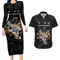 Custom Rugby Southern Hemisphere Couples Matching Long Sleeve Bodycon Dress and Hawaiian Shirt Argentina AUNZ South Africa Mascot Black - Wonder Print Shop