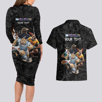 Custom Rugby Southern Hemisphere Couples Matching Long Sleeve Bodycon Dress and Hawaiian Shirt Argentina AUNZ South Africa Mascot Black - Wonder Print Shop