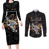Custom Rugby Southern Hemisphere Couples Matching Long Sleeve Bodycon Dress and Long Sleeve Button Shirt Argentina AUNZ South Africa Mascot Black - Wonder Print Shop