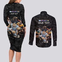 Custom Rugby Southern Hemisphere Couples Matching Long Sleeve Bodycon Dress and Long Sleeve Button Shirt Argentina AUNZ South Africa Mascot Black - Wonder Print Shop