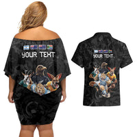 Custom Rugby Southern Hemisphere Couples Matching Off Shoulder Short Dress and Hawaiian Shirt Argentina AUNZ South Africa Mascot Black - Wonder Print Shop