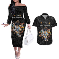 Custom Rugby Southern Hemisphere Couples Matching Off The Shoulder Long Sleeve Dress and Hawaiian Shirt Argentina AUNZ South Africa Mascot Black - Wonder Print Shop