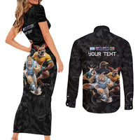 Custom Rugby Southern Hemisphere Couples Matching Short Sleeve Bodycon Dress and Long Sleeve Button Shirt Argentina AUNZ South Africa Mascot Black - Wonder Print Shop