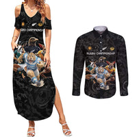 Custom Rugby Southern Hemisphere Couples Matching Summer Maxi Dress and Long Sleeve Button Shirt Argentina AUNZ South Africa Mascot Black - Wonder Print Shop