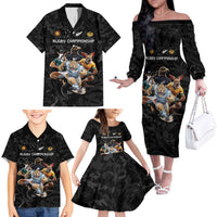 Custom Rugby Southern Hemisphere Family Matching Off The Shoulder Long Sleeve Dress and Hawaiian Shirt Argentina AUNZ South Africa Mascot Black - Wonder Print Shop