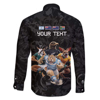 Custom Rugby Southern Hemisphere Family Matching Off The Shoulder Long Sleeve Dress and Hawaiian Shirt Argentina AUNZ South Africa Mascot Black - Wonder Print Shop