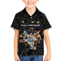 Custom Rugby Southern Hemisphere Family Matching Off The Shoulder Long Sleeve Dress and Hawaiian Shirt Argentina AUNZ South Africa Mascot Black - Wonder Print Shop