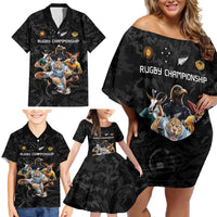Custom Rugby Southern Hemisphere Family Matching Off Shoulder Short Dress and Hawaiian Shirt Argentina AUNZ South Africa Mascot Black - Wonder Print Shop
