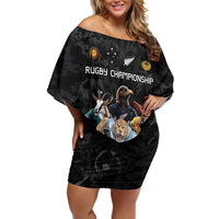 Custom Rugby Southern Hemisphere Family Matching Off Shoulder Short Dress and Hawaiian Shirt Argentina AUNZ South Africa Mascot Black - Wonder Print Shop