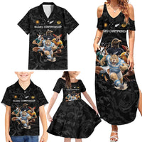 Custom Rugby Southern Hemisphere Family Matching Summer Maxi Dress and Hawaiian Shirt Argentina AUNZ South Africa Mascot Black - Wonder Print Shop